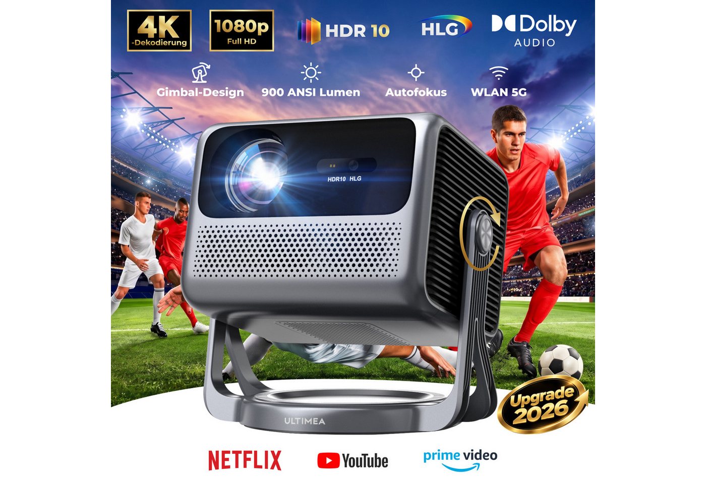 Ultimea Nova C40 Heimkino Beamer, Google TV mit Netflix Beamer (1500:1, 1920 x 1080 px, 90° Flexible kardanische Einstellung,Dolby Audio,900 ANSI,HDR10&HLG) – Bild 5 von 5