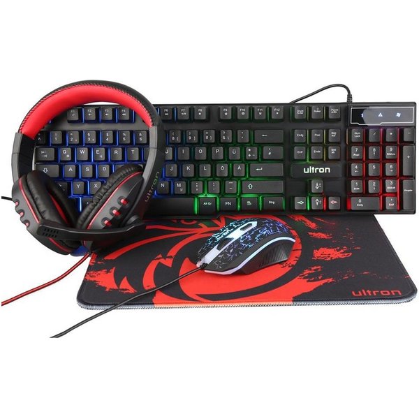 Ultron HAWK 4in1 Gaming Set Tastatur-, Maus- und Mauspad-Set, (Gaming 4in1 Set, Tastatur + Maus + Mauspad + Headset), Gaming Tastatur, Gaming Maus, 3200 dpi, US
