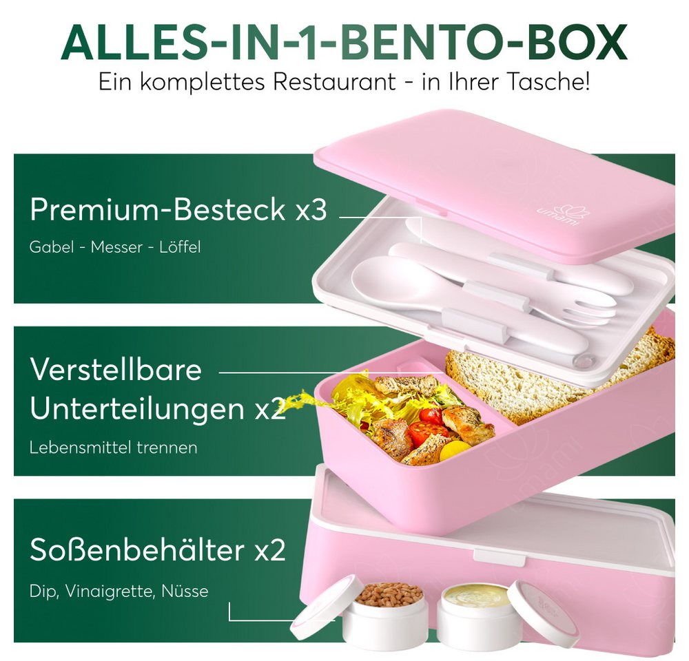 UMAMI Lunchbox All-in-1 1,2L Brotdose - mit Besteck und 2 Saucenbehältern, (für Erwachsene mit Zubehör), Auslaufsichere Brotbox mit Fächern für Meal Prep – Bild 4 von 5