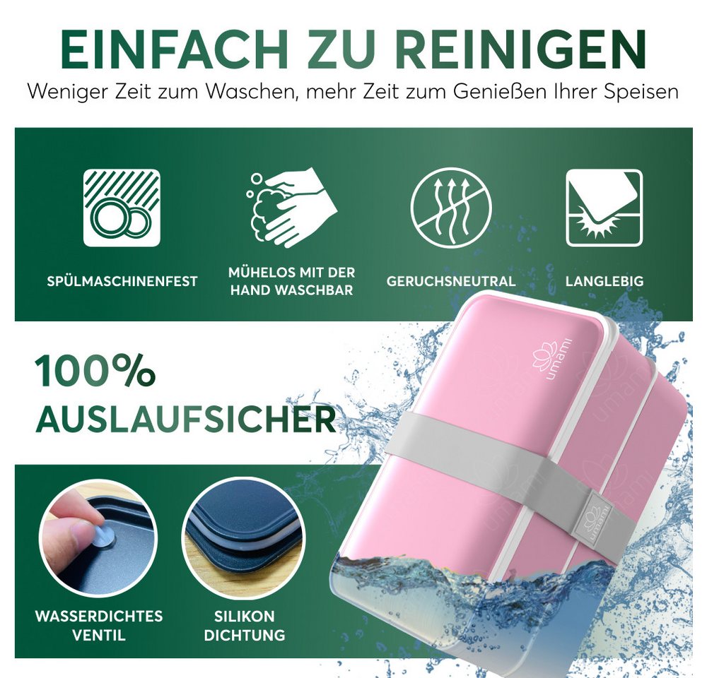 UMAMI Lunchbox All-in-1 1,2L Brotdose - mit Besteck und 2 Saucenbehältern, (für Erwachsene mit Zubehör), Auslaufsichere Brotbox mit Fächern für Meal Prep – Bild 5 von 5