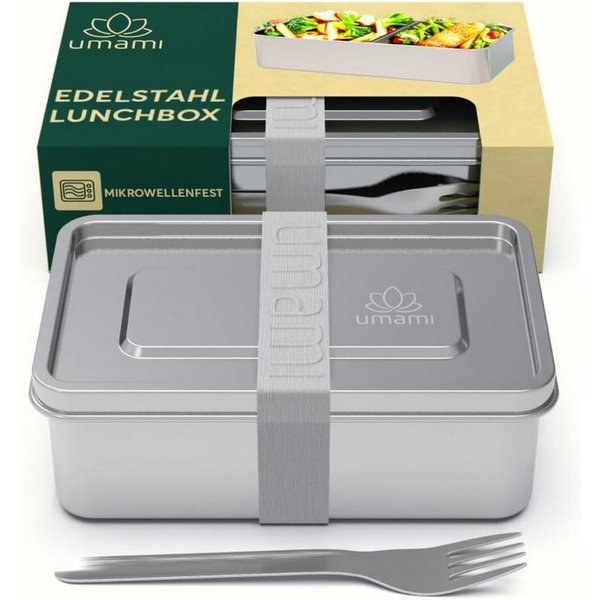 UMAMI Lunchbox mit Gabel & Verstellbarem Trenner, Mikrowellen Spülmaschinenfest, Edelstahl, Auslaufsicher für Erwachsene, Metall-Bento-Box