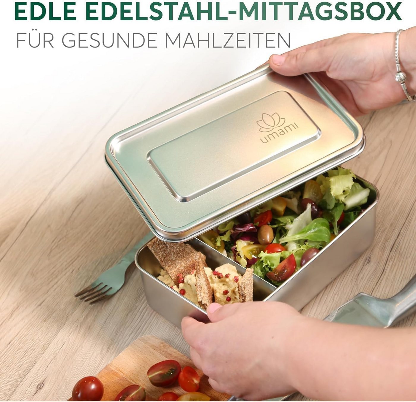 UMAMI Lunchbox mit Gabel & Verstellbarem Trenner, Mikrowellen Spülmaschinenfest, Edelstahl, Auslaufsicher für Erwachsene, Metall-Bento-Box – Bild 2 von 5