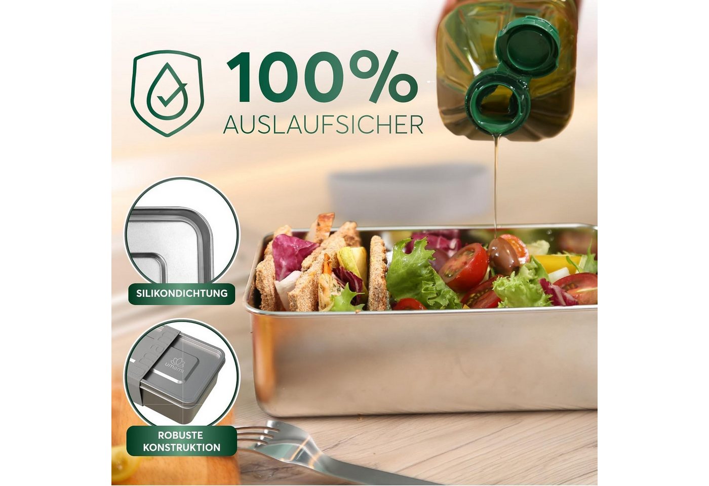 UMAMI Lunchbox mit Gabel & Verstellbarem Trenner, Mikrowellen Spülmaschinenfest, Edelstahl, Auslaufsicher für Erwachsene, Metall-Bento-Box – Bild 3 von 5