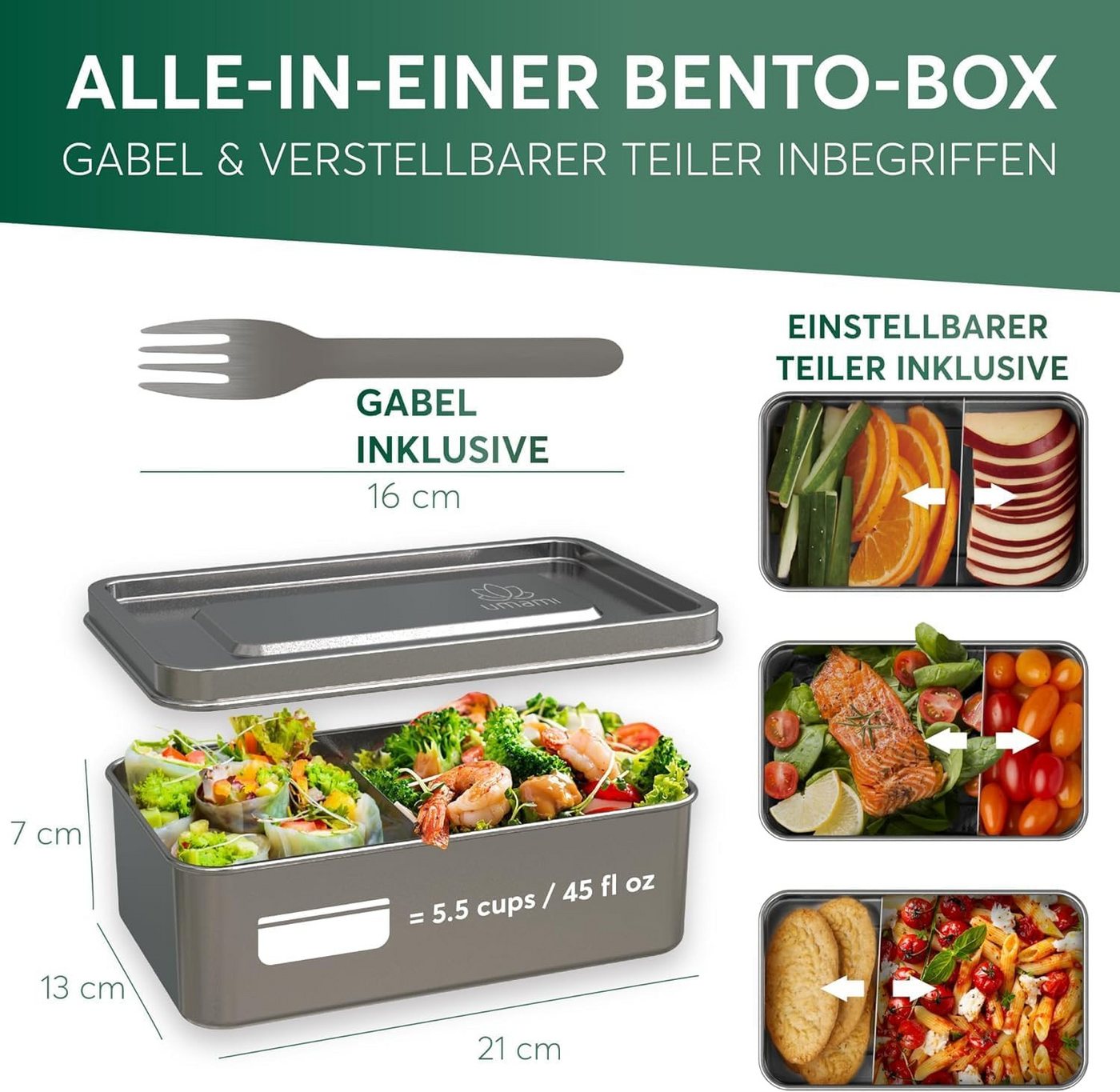 UMAMI Lunchbox mit Gabel & Verstellbarem Trenner, Mikrowellen Spülmaschinenfest, Edelstahl, Auslaufsicher für Erwachsene, Metall-Bento-Box – Bild 4 von 5