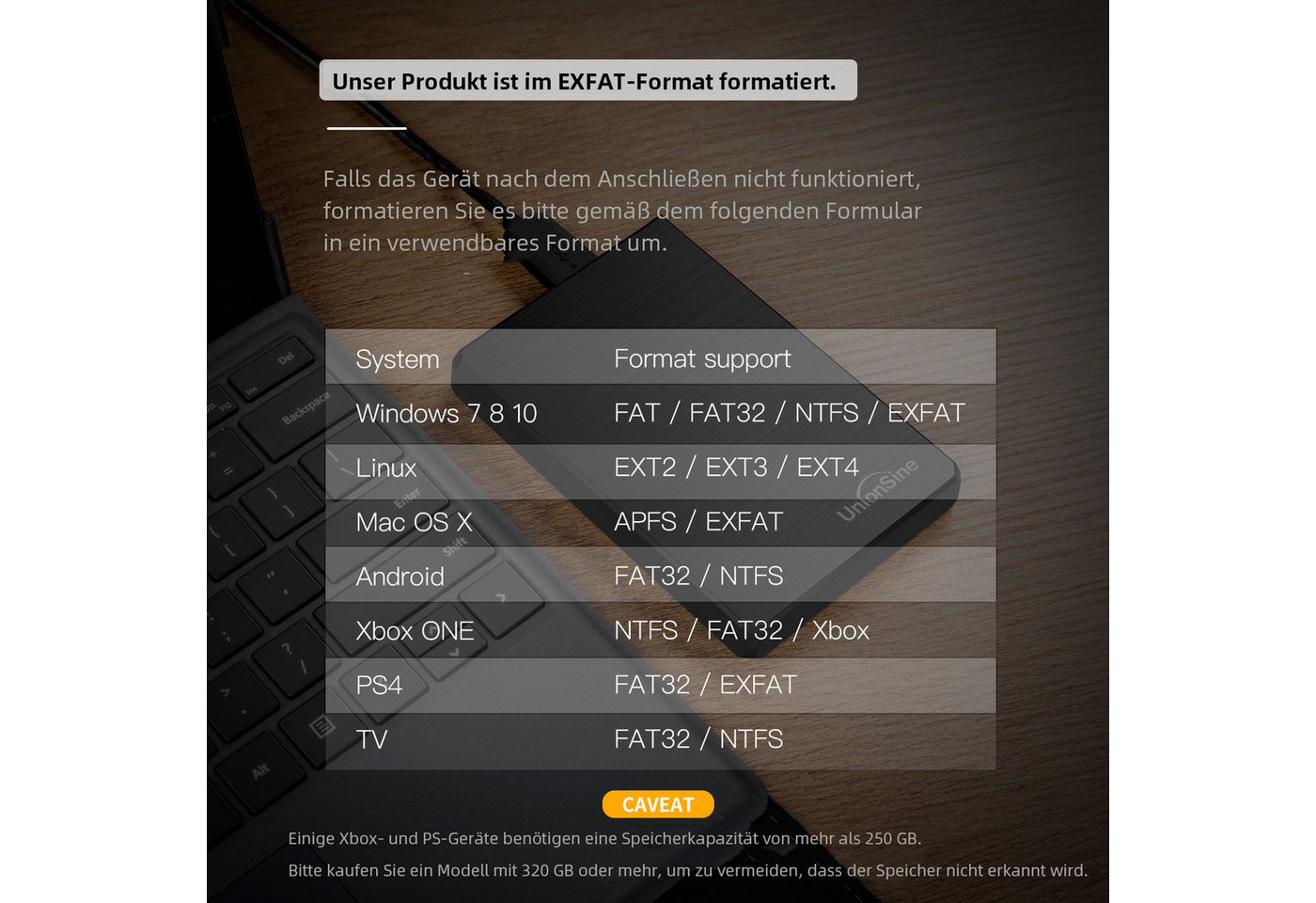 UnionSine USB 3.0 Externe Festplatte 2,5" HDD PC Laptop Gaming Speicher externe HDD-Festplatte (250GB) 2,5", für PC, Laptop, PS4, PS5, Xbox - kompatibel mit Win – Bild 5 von 5