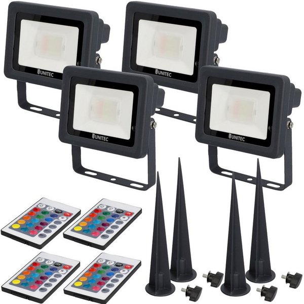 UNITEC LED Gartenstrahler 4x LED Strahler mit Erdspieß farbig Gartenlampe, LED fest eingebaut, Farbwechsler, Außenleuchte Outdoor IP65 Fernbedienung Gartenstrah