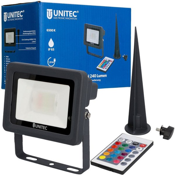 UNITEC LED Gartenstrahler LED Strahler mit Erdspieß farbig Gartenlampe, LED fest eingebaut, Farbwechsler, Außenleuchte Outdoor IP65 Fernbedienung Gartenstrahler