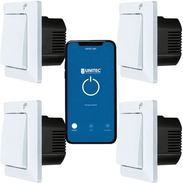 UNITEC WLAN-Steuerungsmodul 4x WLAN Smart Schalter Set mit Modul WiFi, für Innen, Set, 4x WLAN Schalter mit Modul, Lichtschalter Schaltmodul Dose für Alexa Hey 