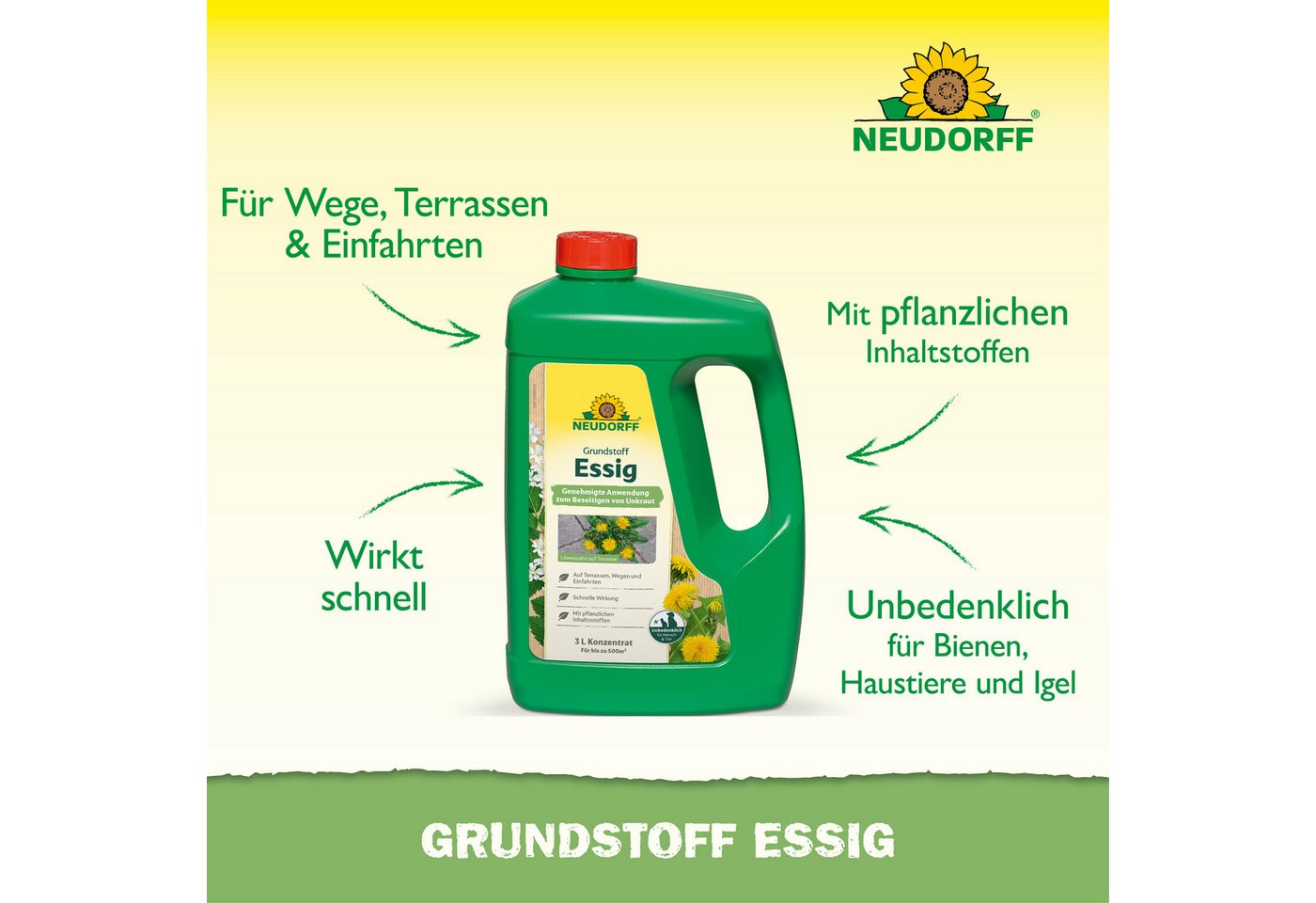 Neudorff Unkrautbekämpfungsmittel Neudorff Grundstoff Acetum Essig 3 l (Konzentrat), 1 St., Für bis zu 500 m² bei Einzelpflanzenbehandlung, 3 Liter Konzentrat e – Bild 2 von 5