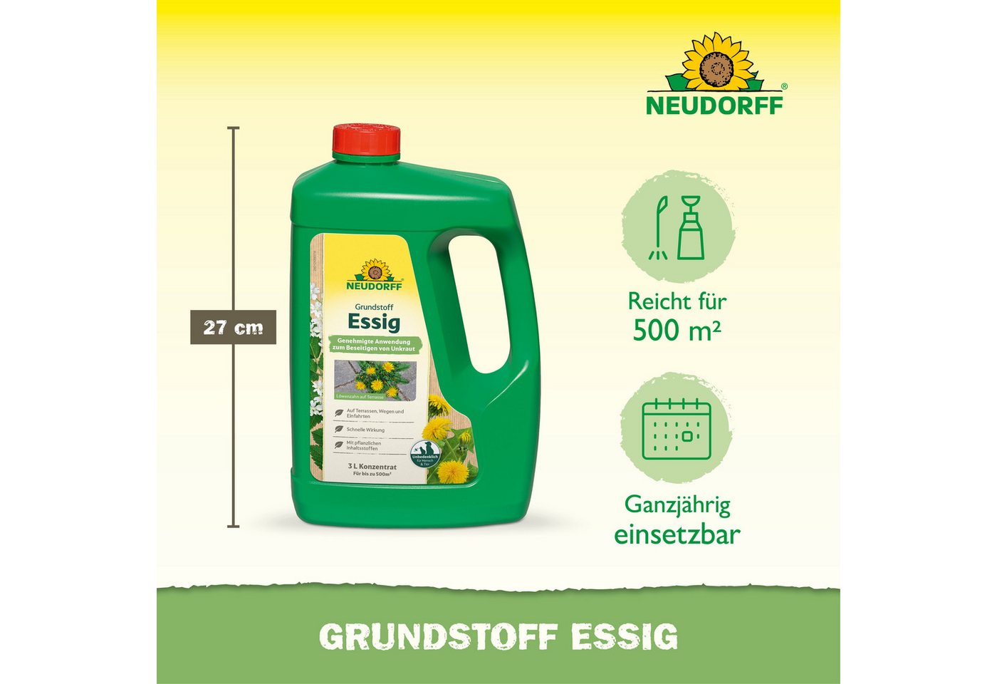 Neudorff Unkrautbekämpfungsmittel Neudorff Grundstoff Acetum Essig 3 l (Konzentrat), 1 St., Für bis zu 500 m² bei Einzelpflanzenbehandlung, 3 Liter Konzentrat e – Bild 3 von 5