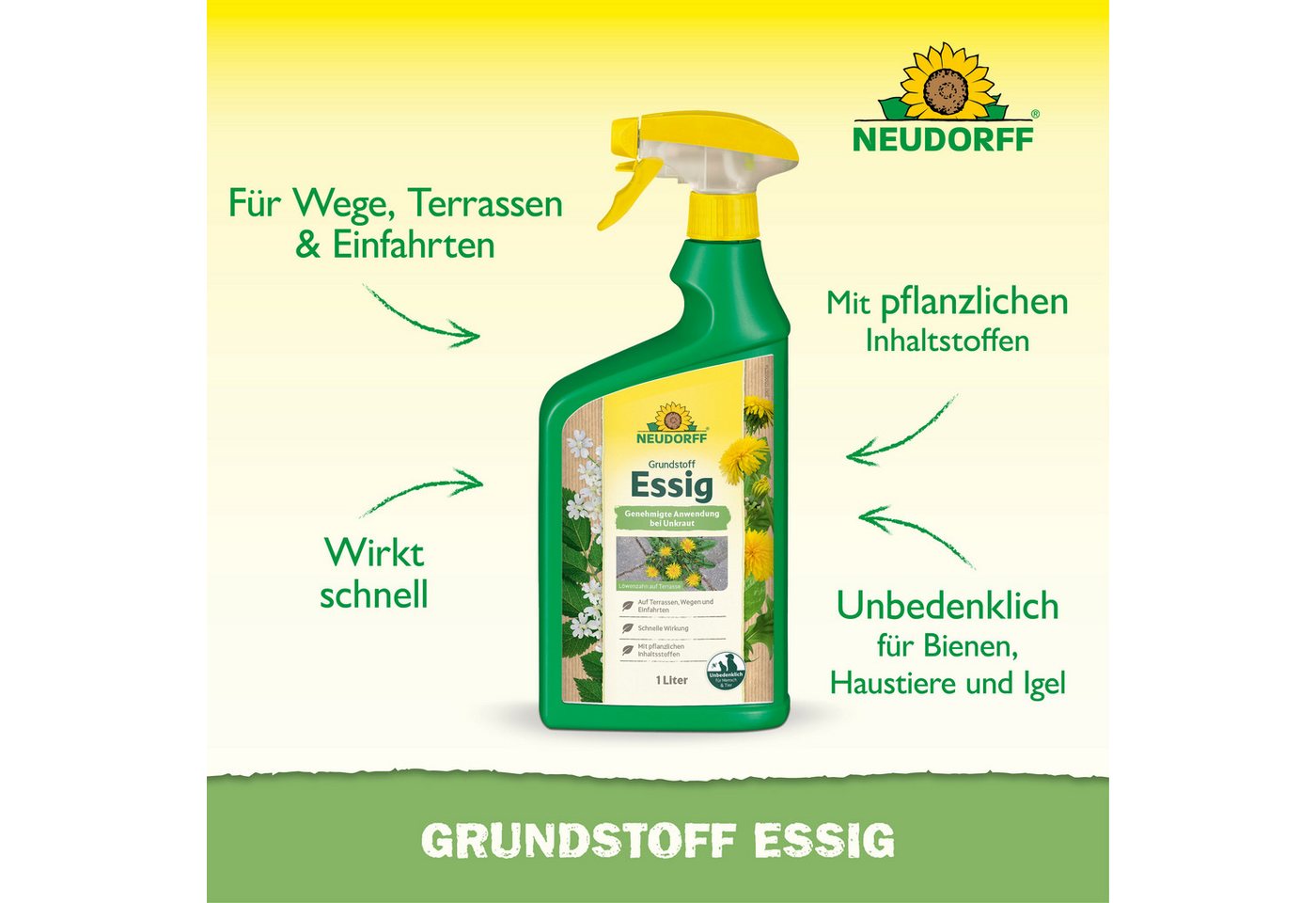 Neudorff Unkrautbekämpfungsmittel Neudorff Grundstoff Essig AF 1L für 100m², 1 St., Für bis zu 100 m² bei Einzelpflanzenbehandlung, Essig-Lösung gegen Unkraut a – Bild 2 von 5