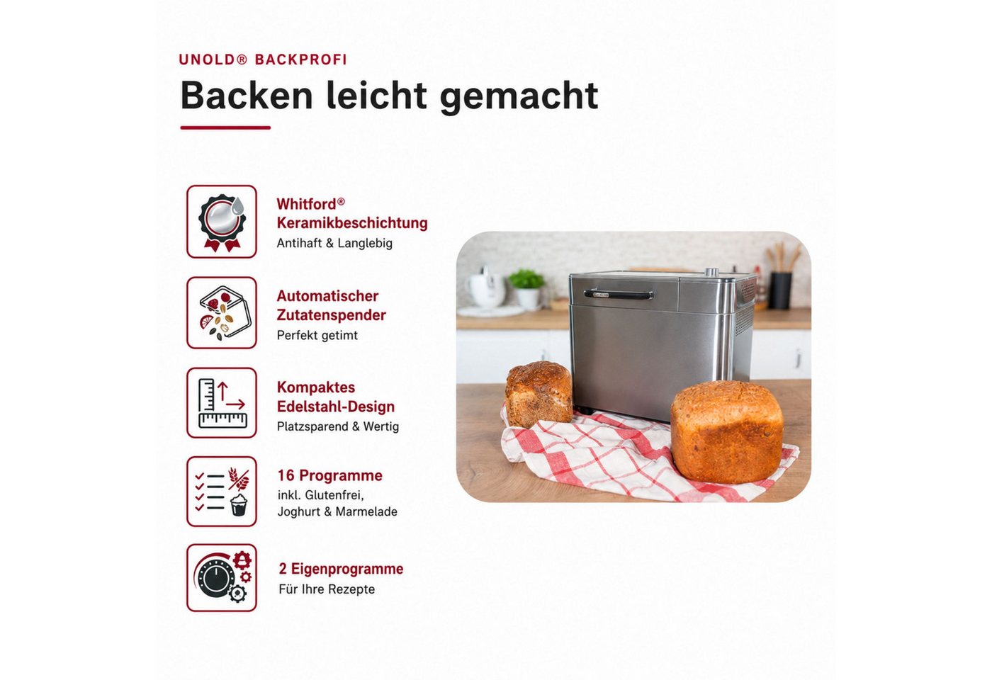 Unold Brotbackautomat BackProfi Nussspender, 600 W, 18 Programme, integrierter Spender für automatische Zugabe von Zutaten – Bild 2 von 5