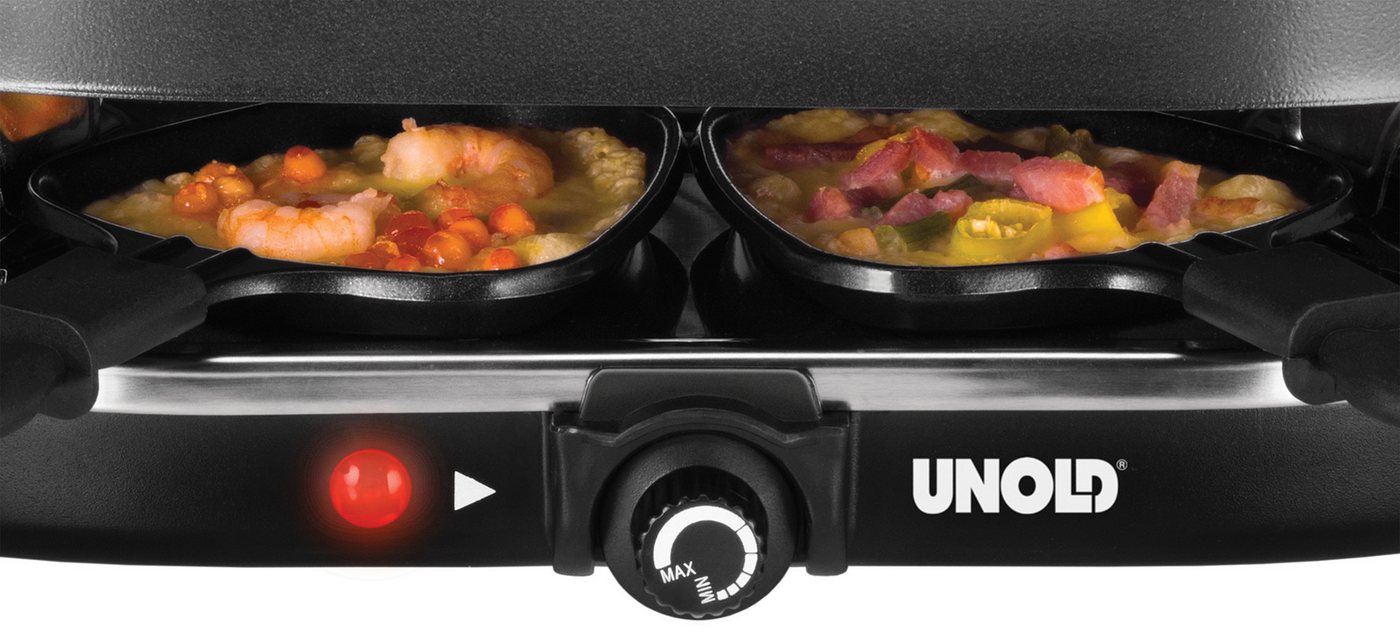 Unold Raclette Gourmet -, 8 Raclettepfännchen, 1200 W, Grillplatte abnehmbar, glatt und geriffelt – Bild 4 von 5