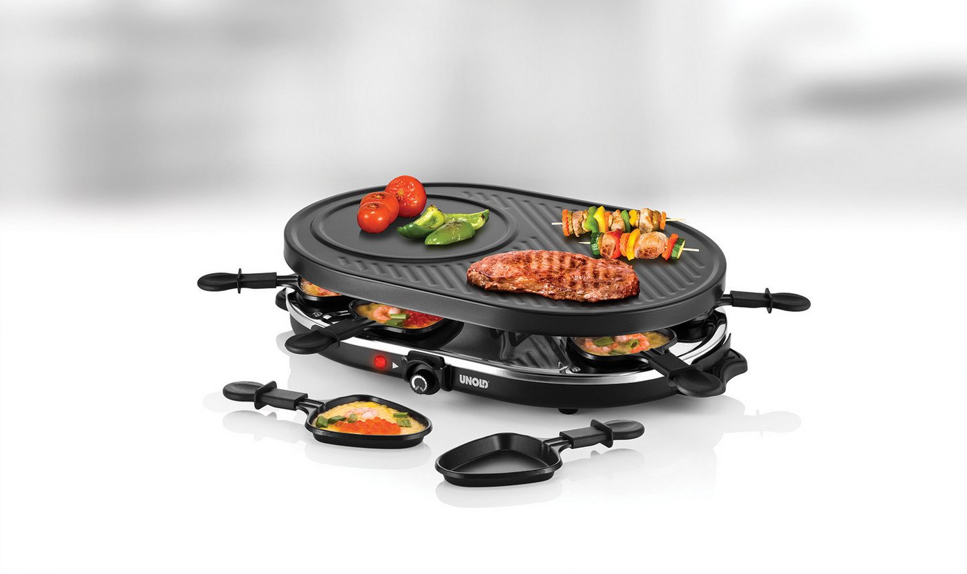 Unold Raclette Gourmet -, 8 Raclettepfännchen, 1200 W, Grillplatte abnehmbar, glatt und geriffelt – Bild 5 von 5