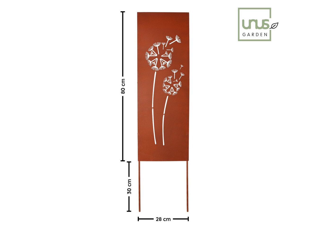 UNUS GARDEN Gartenstecker Gartenschild groß, Pusteblumen, Gartenstecker Metall in Rostoptik (1-St., 80x28 cm) wetterfest, dekorativ für Garten, Beet und Balkon – Bild 5 von 5