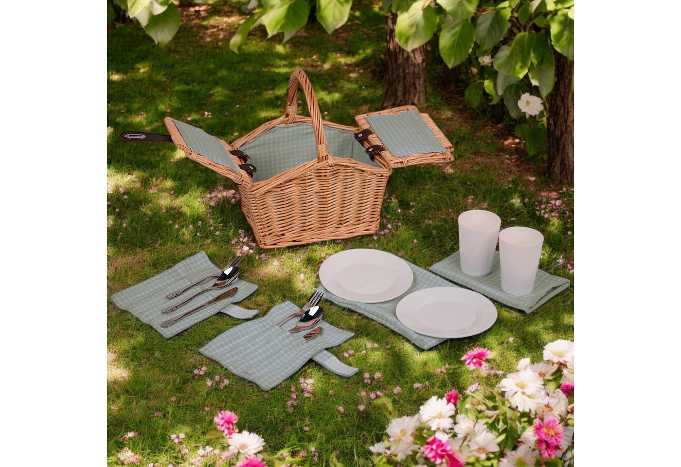 UNUS GARDEN Picknickkorb Kinder, für 2 Personen (ca. 27 x 20 x 30 cm, grün), Rechteckig inklusive Besteck und Geschirr – Bild 2 von 4