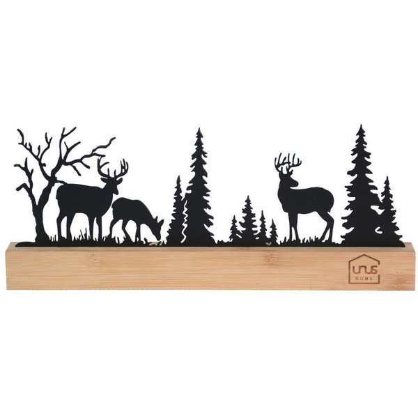 UNUS HOME Dekofigur Aufsteller Wald 3 Hirsche schwarz oder weiß (schwarz), Wald-Silhouette aus Metall und Bambus-Holz Wohndekoration