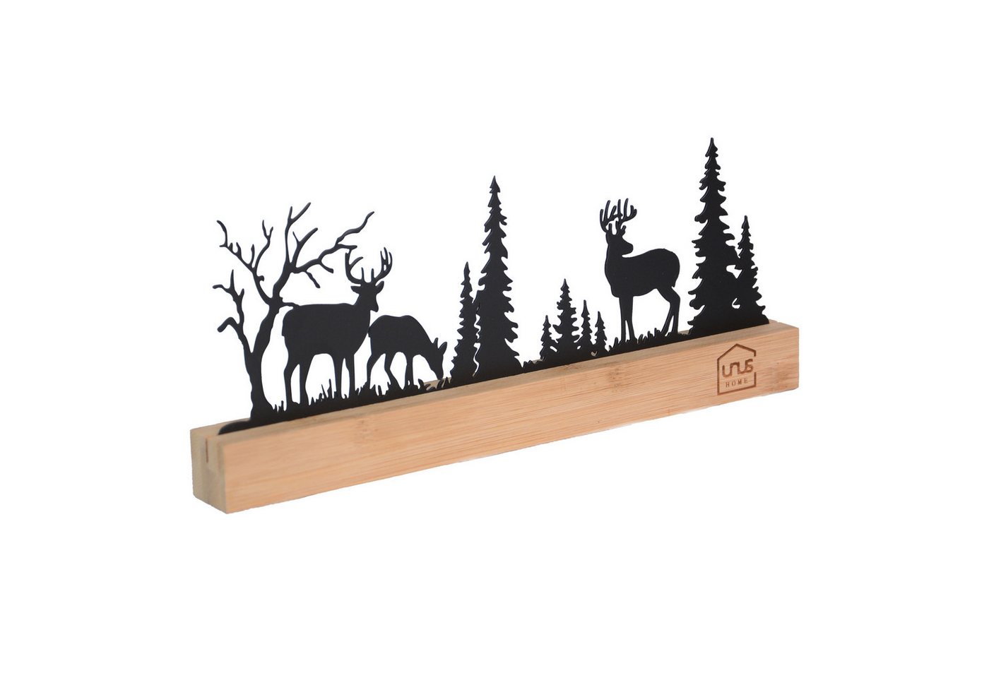 UNUS HOME Dekofigur Aufsteller Wald 3 Hirsche schwarz oder weiß (schwarz), Wald-Silhouette aus Metall und Bambus-Holz Wohndekoration – Bild 4 von 5