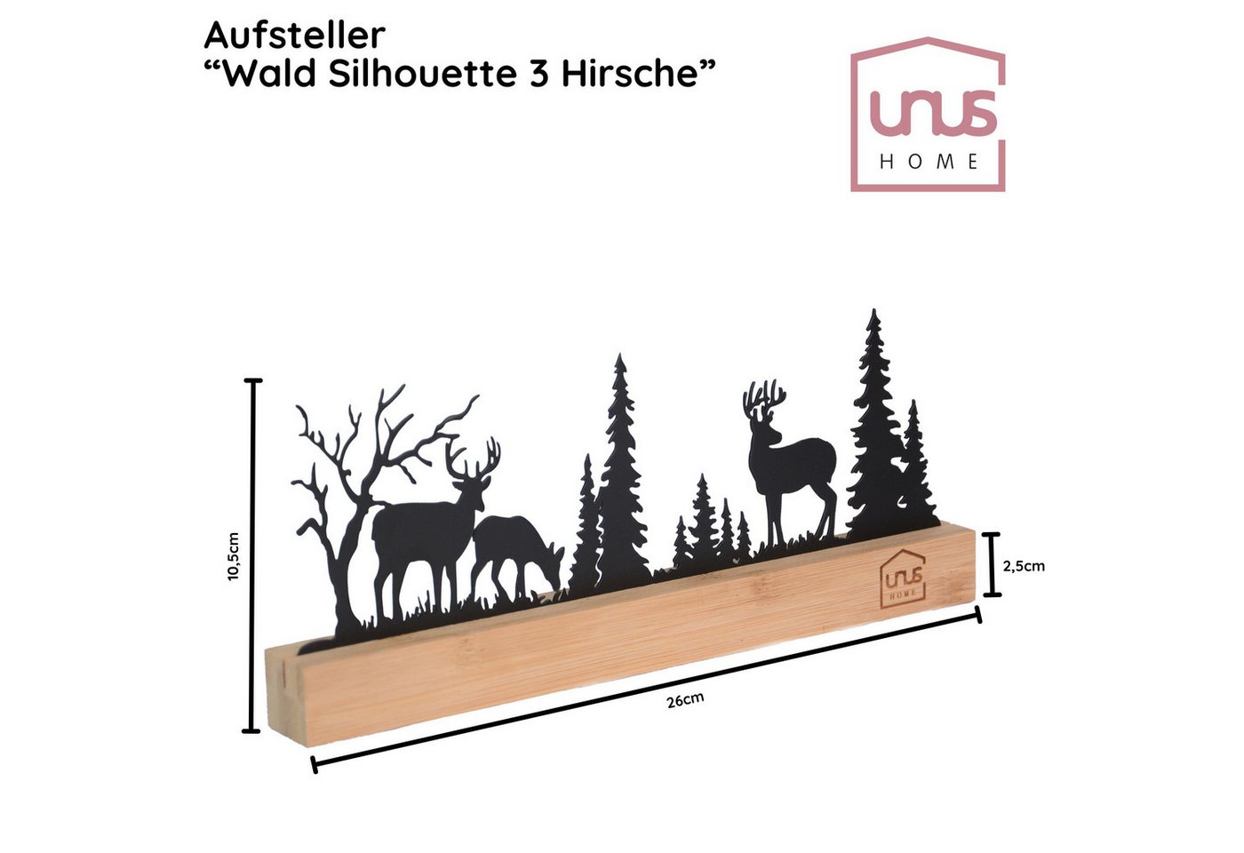 UNUS HOME Dekofigur Aufsteller Wald 3 Hirsche schwarz oder weiß (schwarz), Wald-Silhouette aus Metall und Bambus-Holz Wohndekoration – Bild 5 von 5