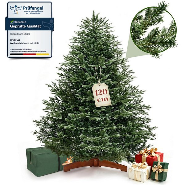 USOKYO Künstlicher Weihnachtsbaum 100 % PE [1,2m/1,8 m/2,1 m] - Naturgetreue Nordmanntanne, Premium Weihnachtsbaum mit Holzständer, Klappsystem & langlebig