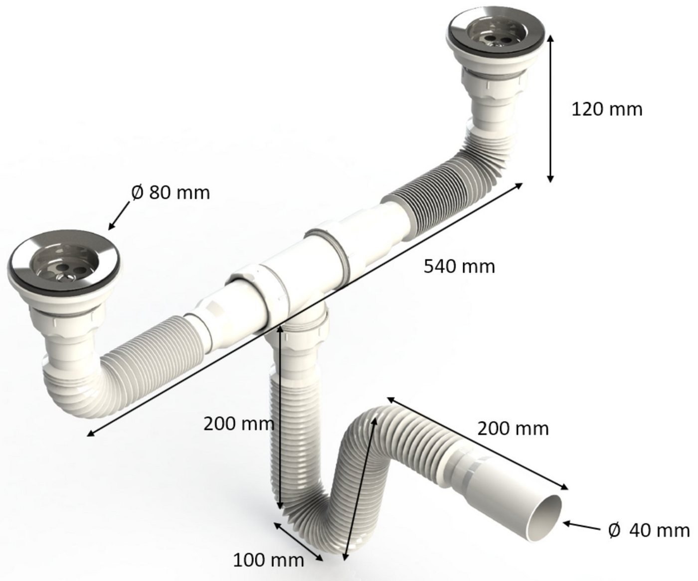 Uzman Siphon Doppelsiphon mit Flexiblem Schlauch, Doppelanschluss, Spülbecken – Bild 2 von 2