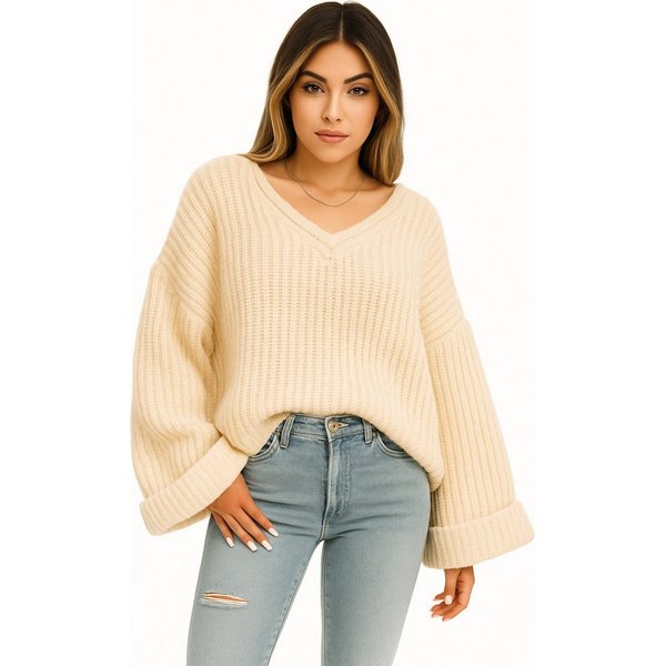 Worldclassca V-Ausschnitt-Pullover WORLDCLASSCA Damen Oversize Strickpulllover Dick Pulli V-Ausschnitt Neue Kollektion - Stilvolle und gemütliche Strickmode für
