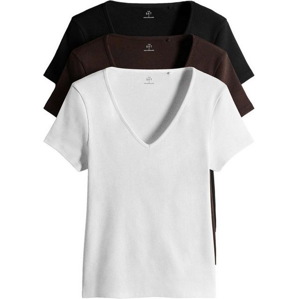 The Set V-Shirt The Set geripptes T-Shirt, V-Ausschnitt, 3er-Pack (3-tlg)