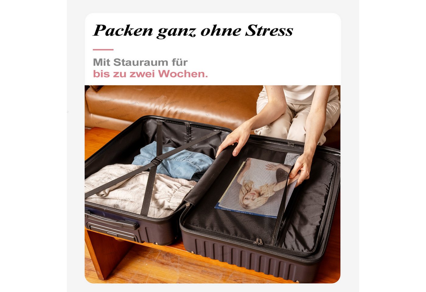 VALLSERO Trolleyset Koffer-Set( M,L,XL) Hartschalen-Koffer, Rollkoffer 5-teiliges Set, Handgepäck 4 Rollen, ABS-Material, Schwarz/Pink – Bild 4 von 5