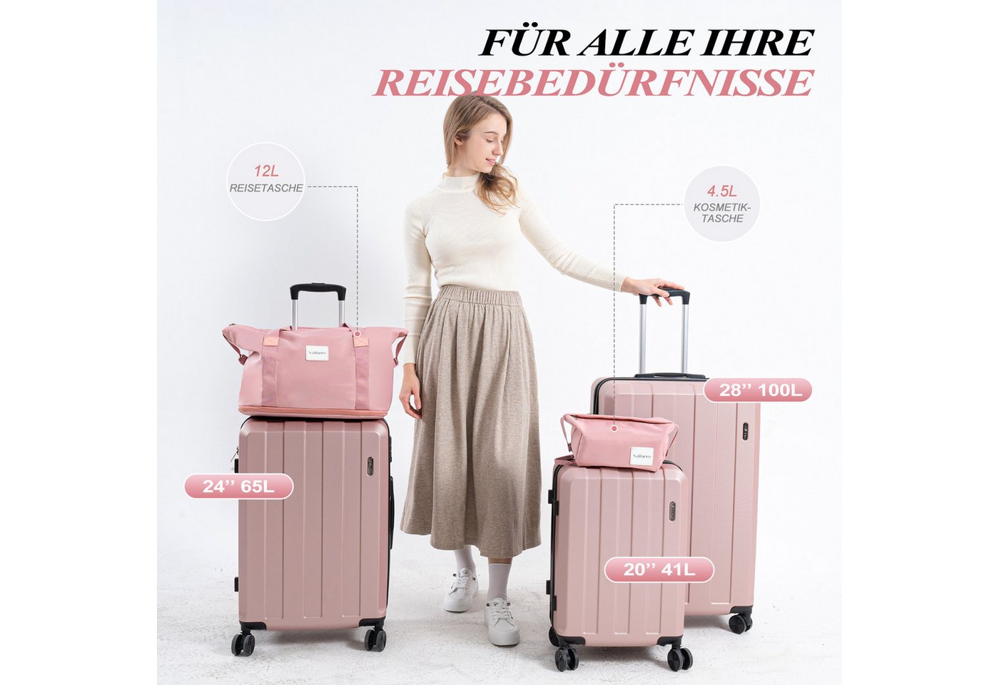 VALLSERO Trolleyset Koffer-Set( M,L,XL) Hartschalen-Koffer, Rollkoffer 5-teiliges Set, Handgepäck 4 Rollen, ABS-Material, Schwarz/Pink – Bild 2 von 5