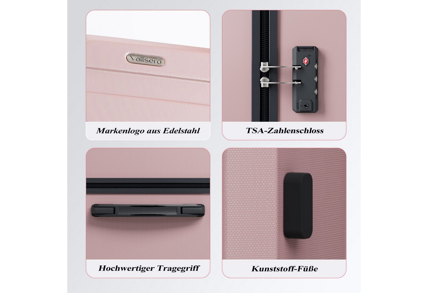 VALLSERO Trolleyset Koffer-Set( M,L,XL) Hartschalen-Koffer, Rollkoffer 5-teiliges Set, Handgepäck 4 Rollen, ABS-Material, Schwarz/Pink – Bild 3 von 5