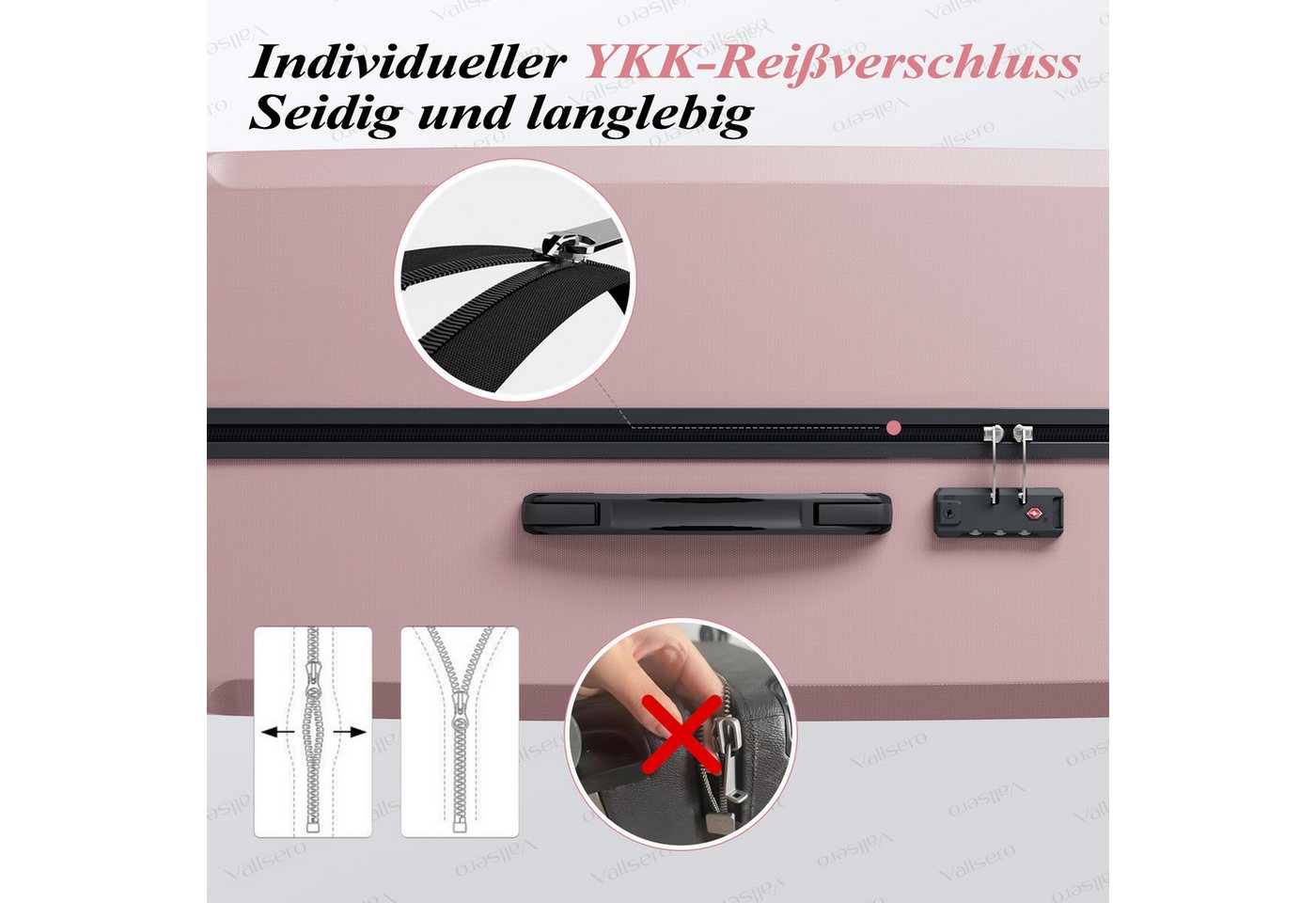 VALLSERO Trolleyset Koffer-Set( M,L,XL) Hartschalen-Koffer, Rollkoffer 5-teiliges Set, Handgepäck 4 Rollen, ABS-Material, Schwarz/Pink – Bild 5 von 5