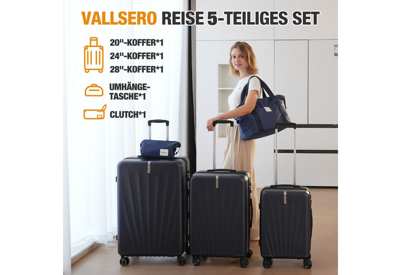 VALLSERO Trolleyset M-L-XL-Set, Gepäck mit Kosmetiktasche, Hartschalen-Koffer, 5-teiliges Set, hochfestes ABS-Gehäuse, 360° geräuschloses Rad – Bild 2 von 5