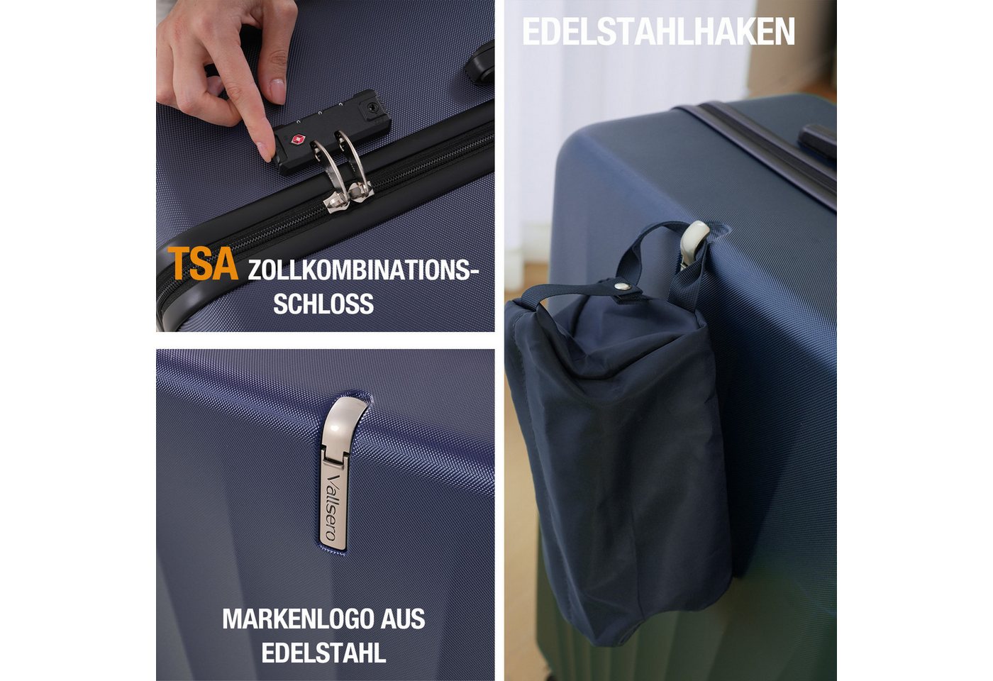 VALLSERO Trolleyset M-L-XL-Set, Gepäck mit Kosmetiktasche, Hartschalen-Koffer, 5-teiliges Set, hochfestes ABS-Gehäuse, 360° geräuschloses Rad – Bild 5 von 5