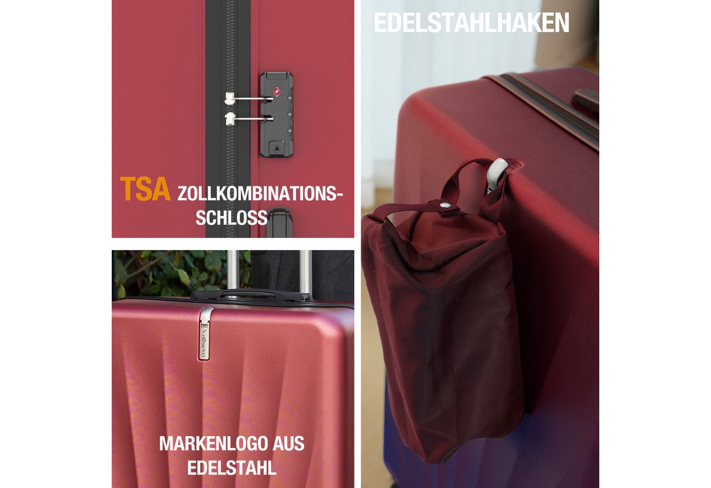 VALLSERO Trolleyset M-L-XL-Set, Gepäck mit Kosmetiktasche, Hartschalen-Koffer, 5-teiliges Set, hochfestes ABS-Gehäuse, 360° geräuschloses Rad – Bild 5 von 5