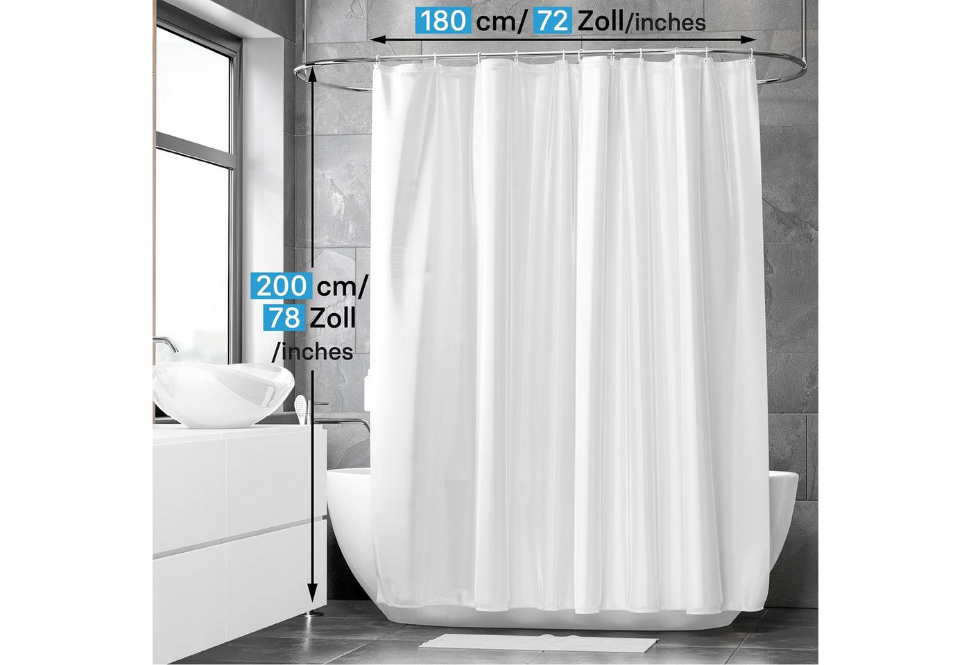 VALNEO Duschrollo Duschvorhang Anti-Schimmel 180x200 cm, Weiß, mit Ringen – Bild 2 von 5