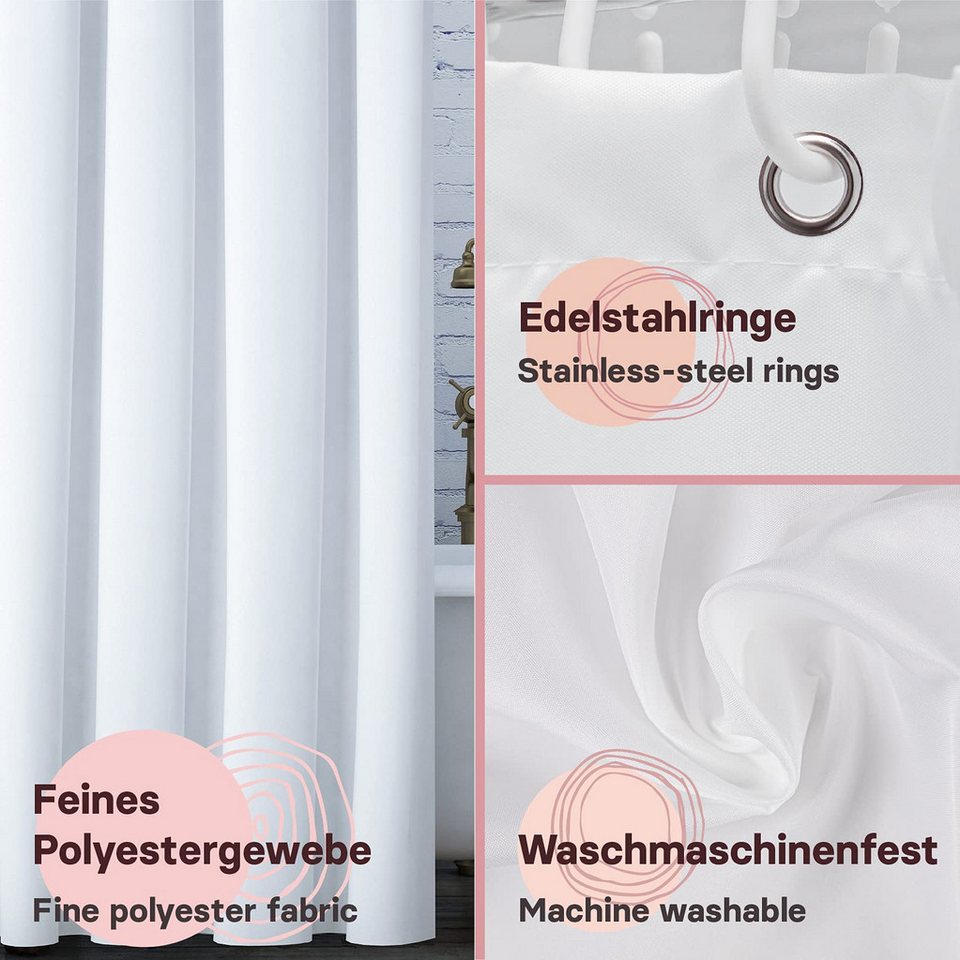 VALNEO Duschrollo Duschvorhang Anti-Schimmel 180x200 cm, Weiß, mit Ringen – Bild 4 von 5
