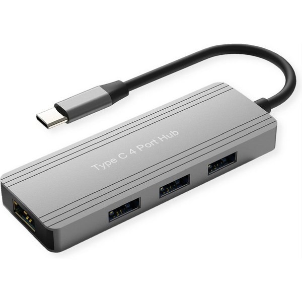 VALUE USB 3.2 Gen 1 Hub, 4fach Computer-Adapter USB Typ C (USB-C) Männlich (Stecker) zu USB 3 Typ A Weiblich (Buchse), 10.0 cm, USB-C Anschlusskabel