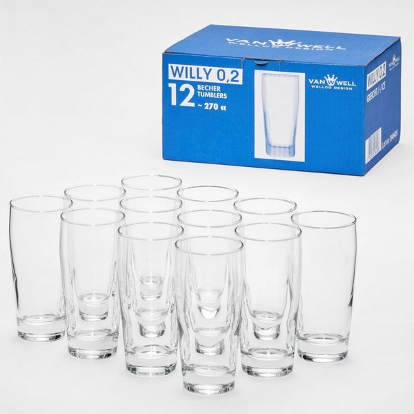 van Well Bierglas Willybecher, 12-tlg., Glas, 0,2 L, geeicht, spülmaschinenfest, Gastronomiequalität, 12-tlg.