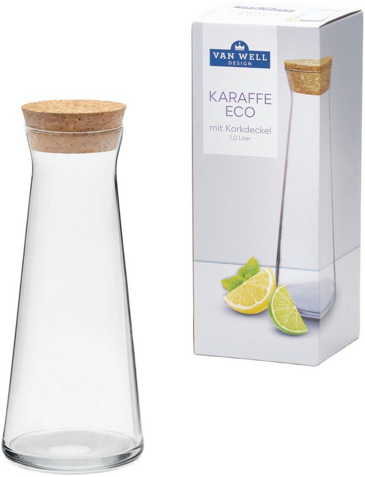 van Well Karaffe Glas-Karaffe mit Korkdeckel "Eco", 1,0 Liter, (1-tlg), ideal für Wasser, Saft oder Limonade – Bild 2 von 2