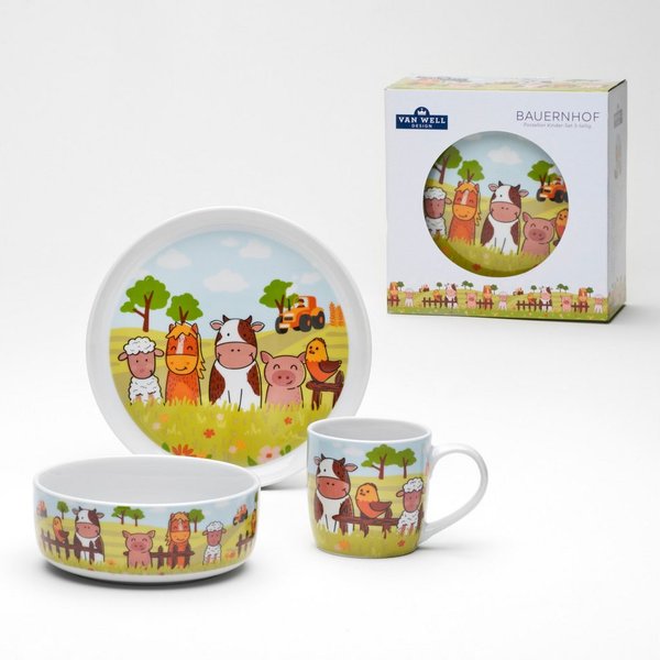 van Well Kindergeschirr-Set Kinderset Bauernhof, 3-teilig, Geschirr-Set, Service (3-tlg), 1 Personen, Porzellan, mit farbenfrohem Dekor, spülmaschinen- und mikr