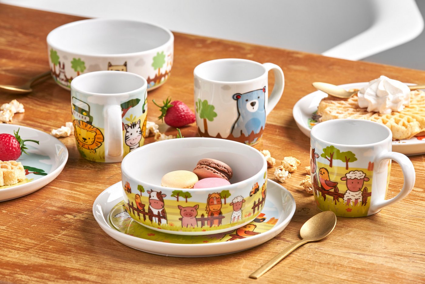 van Well Kindergeschirr-Set Kinderset Bauernhof, 3-teilig, Geschirr-Set, Service (3-tlg), 1 Personen, Porzellan, mit farbenfrohem Dekor, spülmaschinen- und mikr – Bild 2 von 4