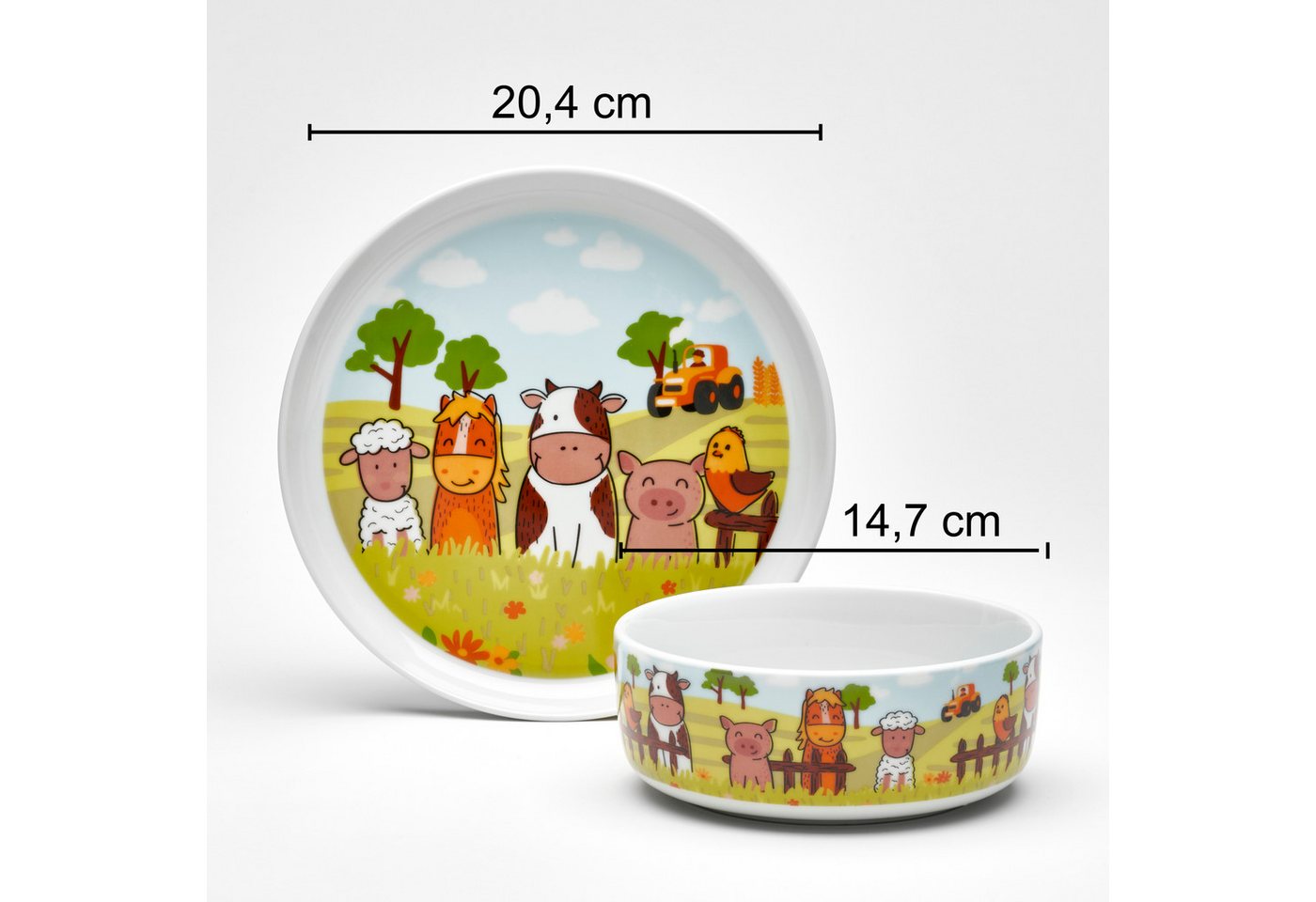 van Well Kindergeschirr-Set Kinderset Bauernhof, 3-teilig, Geschirr-Set, Service (3-tlg), 1 Personen, Porzellan, mit farbenfrohem Dekor, spülmaschinen- und mikr – Bild 4 von 4
