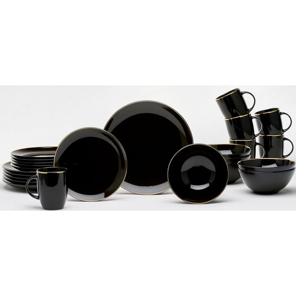 van Well Kombiservice Geschirr-Set, Service Glamour Black (24-tlg), 6 Personen, Porzellan, mit einem goldfarbenen Rand, 24 Teile, für 6 Personen