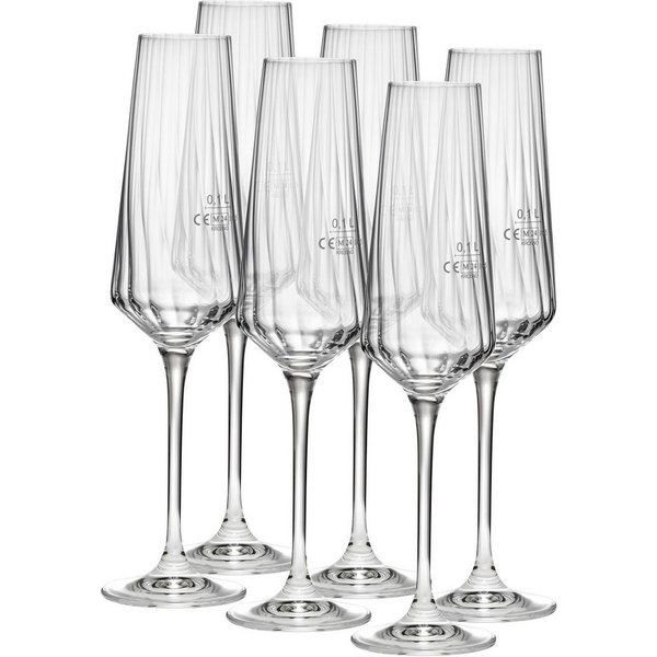 van Well Sektglas Eva, Sektgläser 20 cl geeicht, 6 Stück, 6-tlg., Kristallglas, Relief-Optik, spülmaschinengeeignet