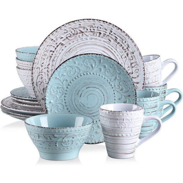 vancasso Geschirr-Set 16-tlg Tafelservice, für 4, Steingut, Beige & Blau, Reliefmuster (16-tlg), 4 Personen, Steingut