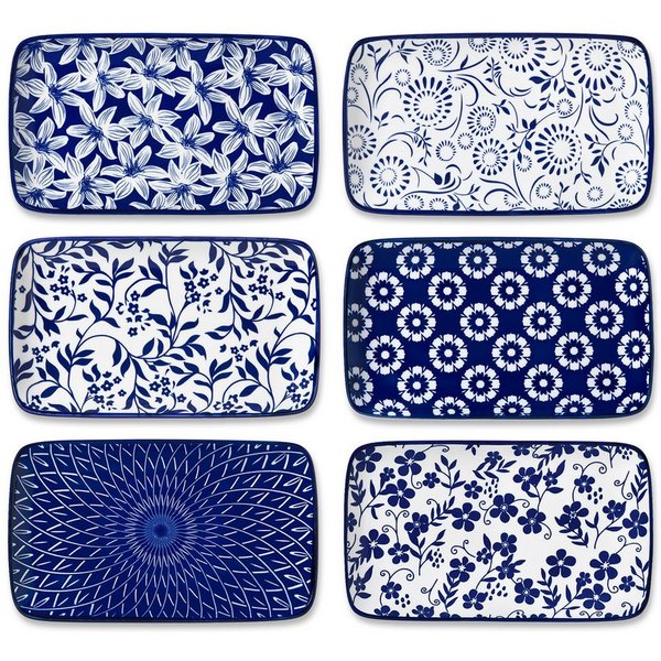 vancasso Sushiteller 6tlg Sushi-Platte, Porzellan Servierteller, rechteckig, Blau und Weiß, (6 St)