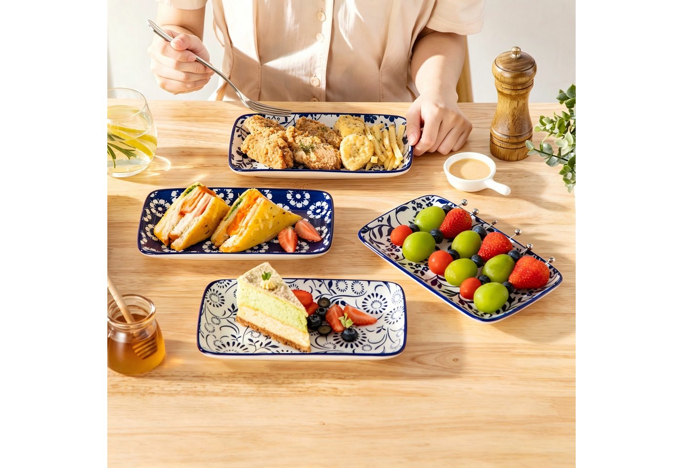 vancasso Sushiteller 6tlg Sushi-Platte, Porzellan Servierteller, rechteckig, Blau und Weiß, (6 St) – Bild 3 von 5