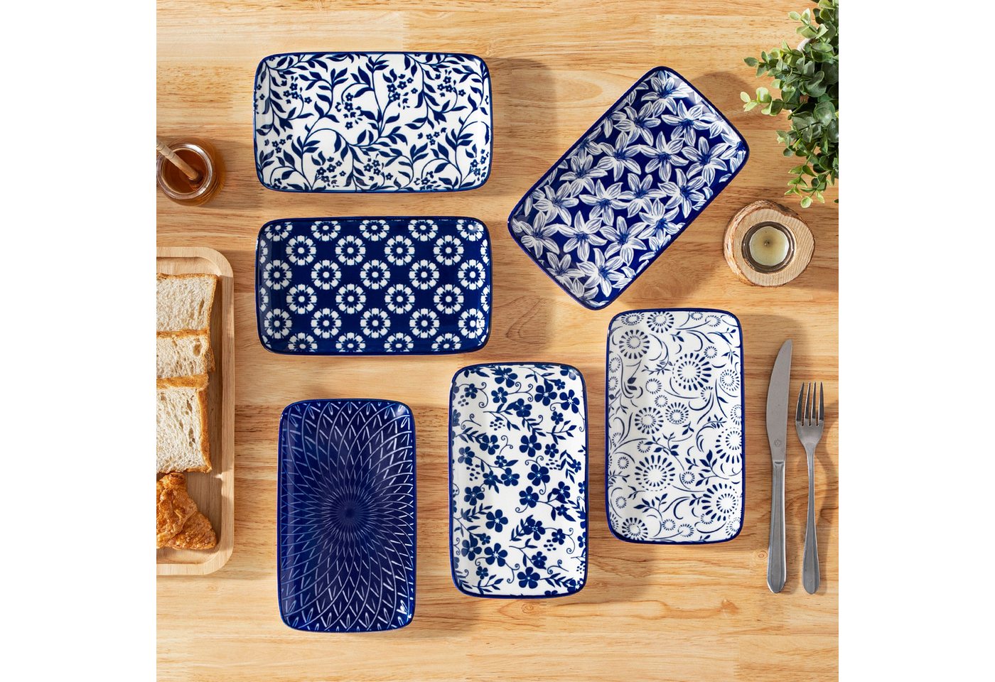 vancasso Sushiteller 6tlg Sushi-Platte, Porzellan Servierteller, rechteckig, Blau und Weiß, (6 St) – Bild 5 von 5