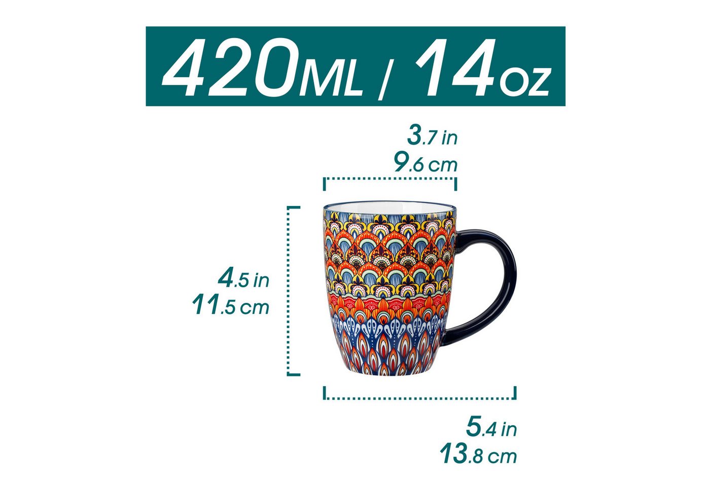 vancasso Tasse 6-tlg Tassen Set, Becher für 6, Porzellan, BOHO-Stil, 420ML, 6-tlg., Porzellan – Bild 2 von 5