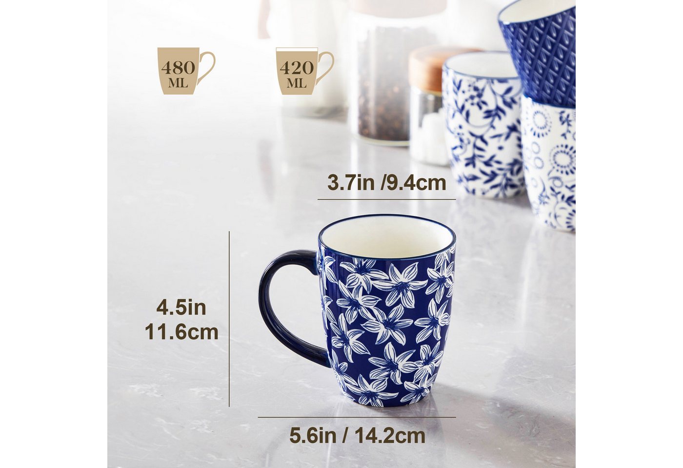 vancasso Tasse Tassen Set, Becher für 4/6, Porzellan, 420ml, Blau und Weiß, 4-tlg., Porzellan – Bild 2 von 5